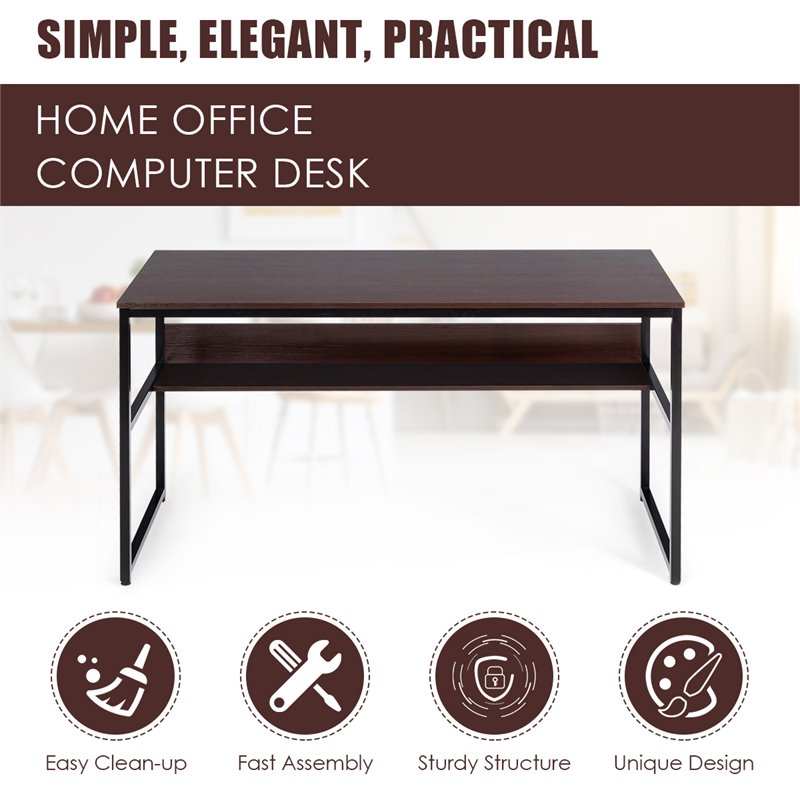 Costway 55'' Engineered Wood Computer Desk with Storage Shelf in Coffee