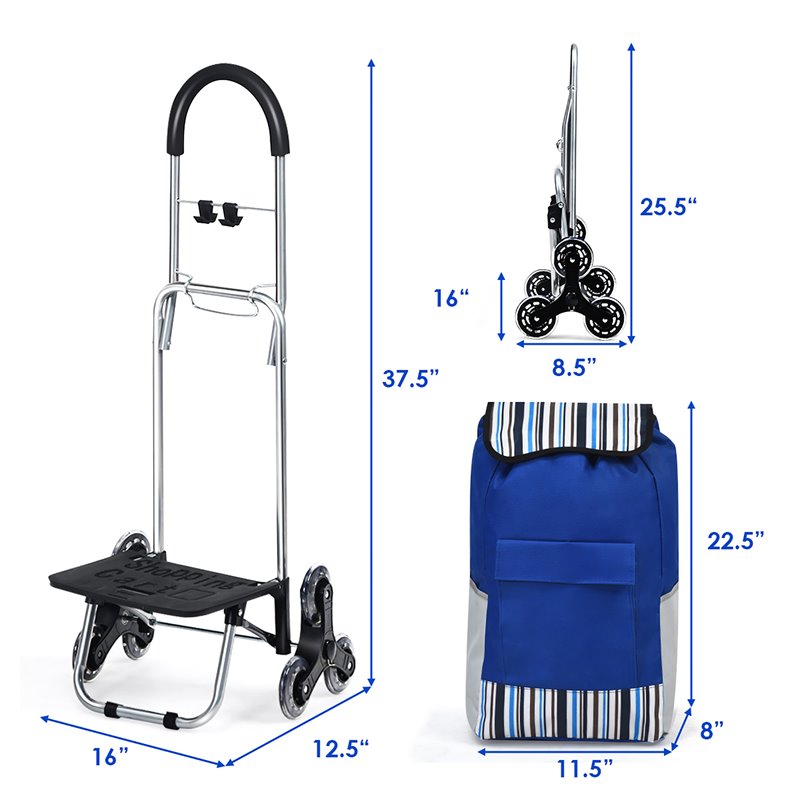 Costway Stainless Steel Folding Shopping Cart with Fabric Bag & Cord in Blue
