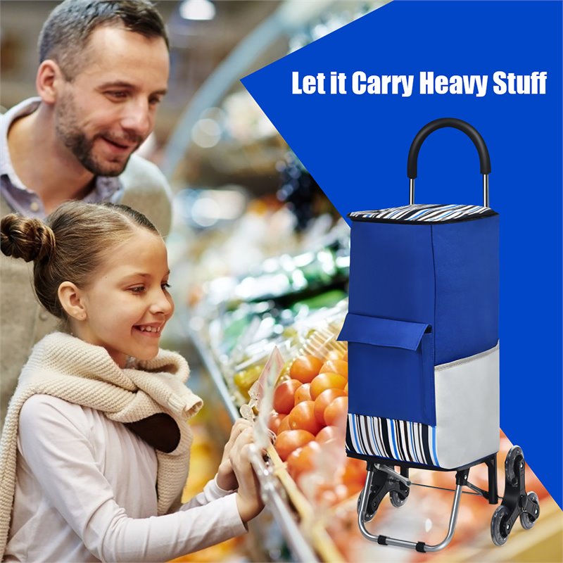 Costway Stainless Steel Folding Shopping Cart with Fabric Bag & Cord in Blue