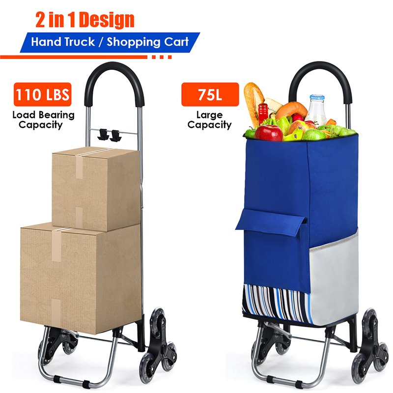 Costway Stainless Steel Folding Shopping Cart with Fabric Bag & Cord in Blue