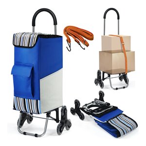 costway stainless steel folding shopping cart with fabric bag & cord in blue