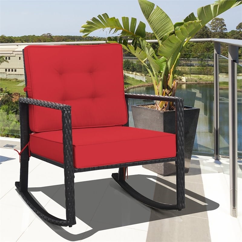Costway Rattan Outdoor Rocker Chair Glider Wicker Rocking Chair in Red