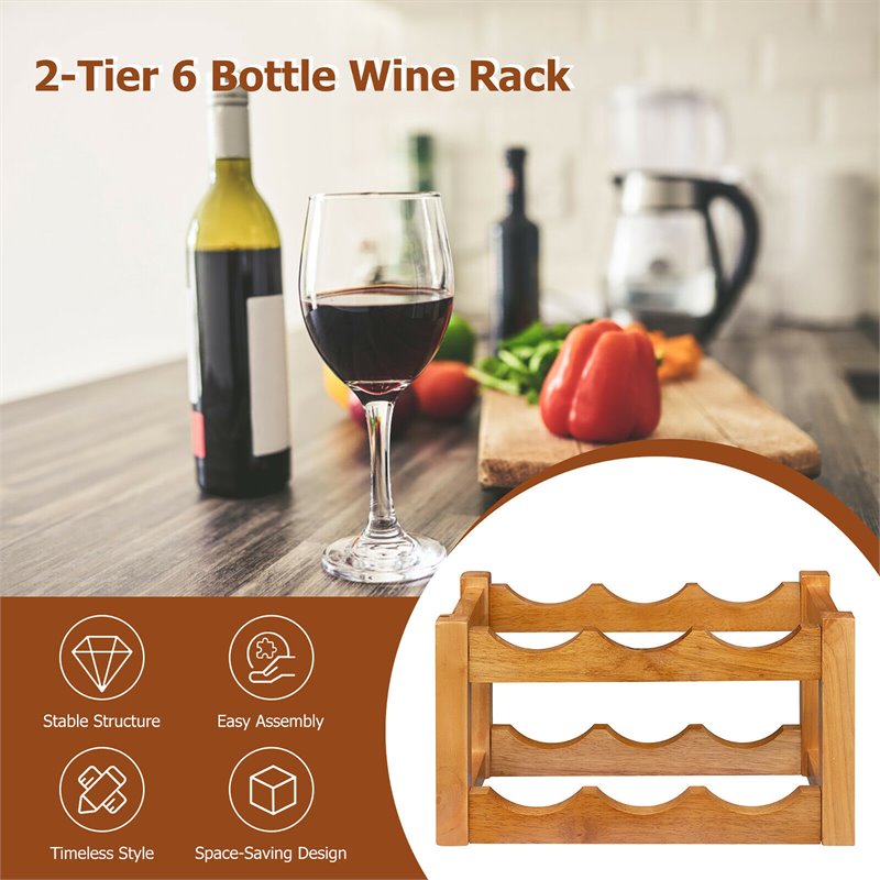 Costway 2-Tier Rubber Wood Wine Rack 6 Bottles Wine Display Holder in Natural
