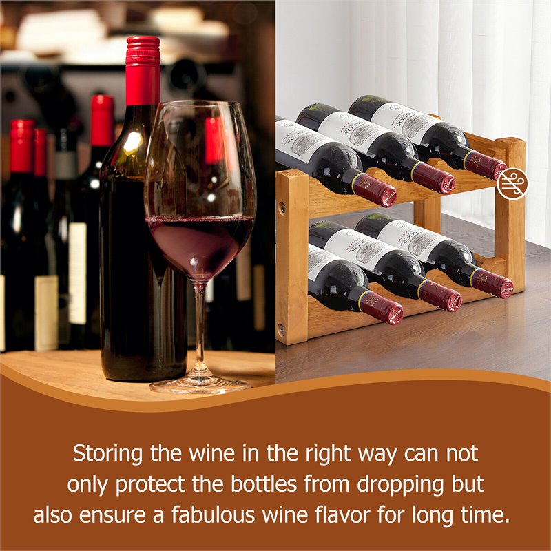 Costway 2-Tier Rubber Wood Wine Rack 6 Bottles Wine Display Holder in Natural