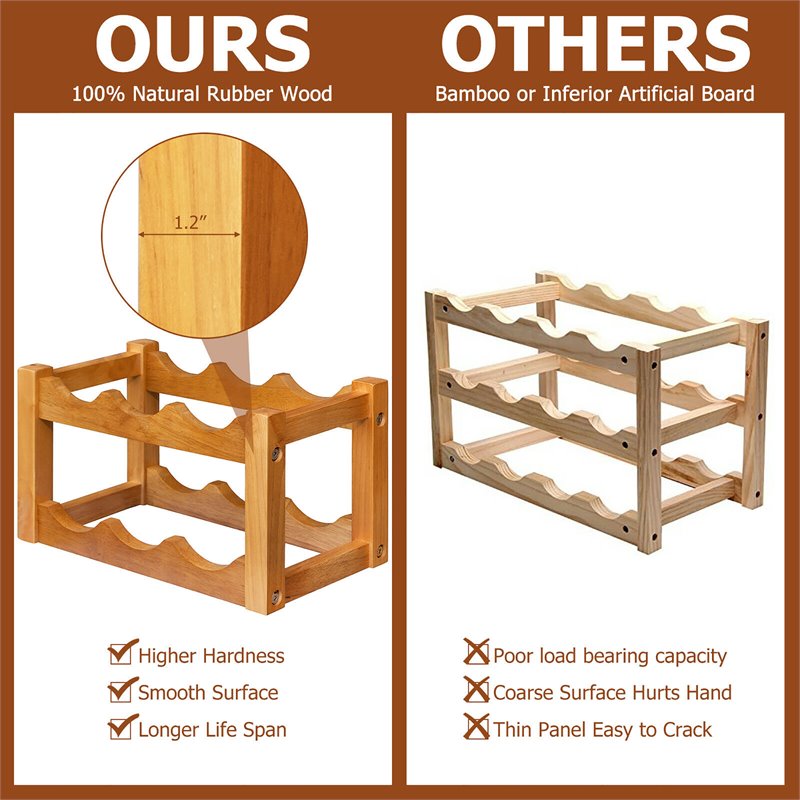 Costway 2-Tier Rubber Wood Wine Rack 6 Bottles Wine Display Holder in Natural