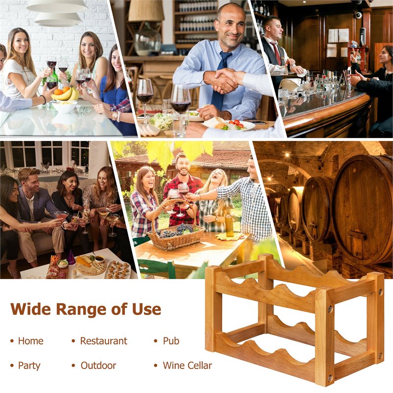 Costway 2-Tier Rubber Wood Wine Rack 6 Bottles Wine Display Holder in Natural