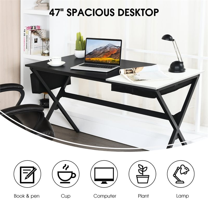 Costway Contemporary Wood Computer Desk with Drawer & Storage Bag in Black