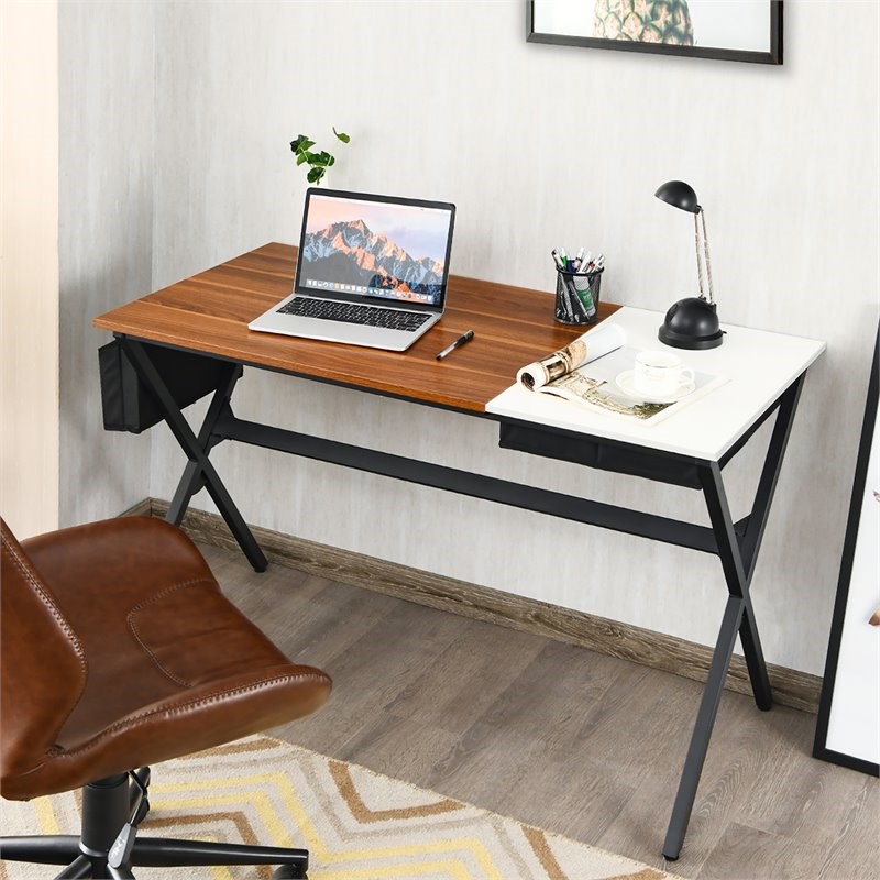 Costway Contemporary Wood Computer Desk with Drawer & Storage Bag in Walnut