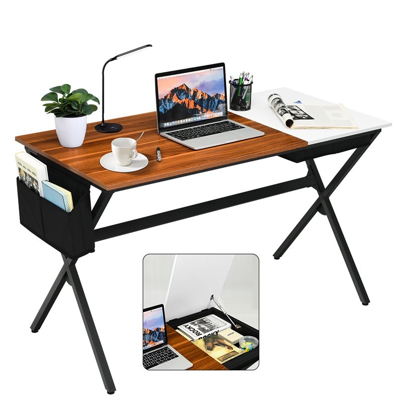 Costway Contemporary Wood Computer Desk with Drawer & Storage Bag in Walnut