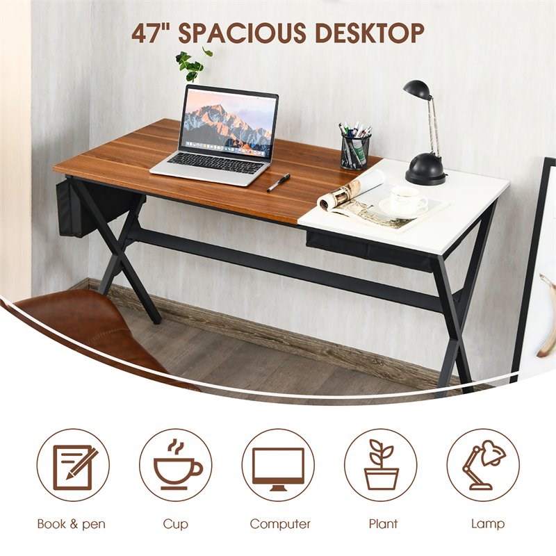 Costway Contemporary Wood Computer Desk with Drawer & Storage Bag in Walnut
