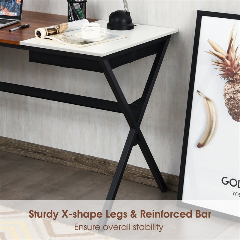 Costway Contemporary Wood Computer Desk with Drawer & Storage Bag in Walnut