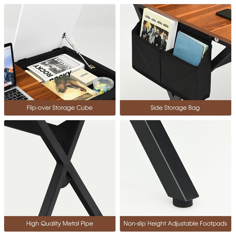 Costway Contemporary Wood Computer Desk with Drawer & Storage Bag in Walnut