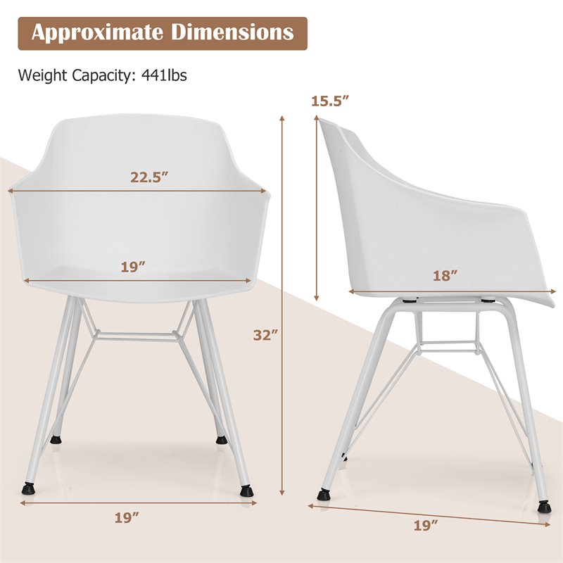 Costway Plastic and Iron Dining Chair with Curved Backrest in White (Set of 2)