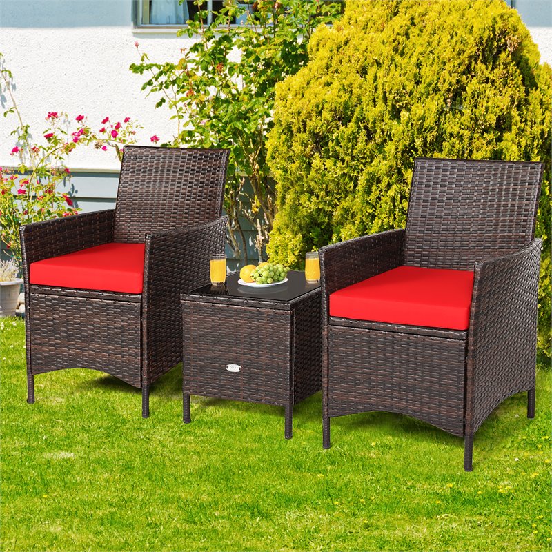 Costway 3-piece Rattan Patio Furniture Set with Glass Tabletop in Red