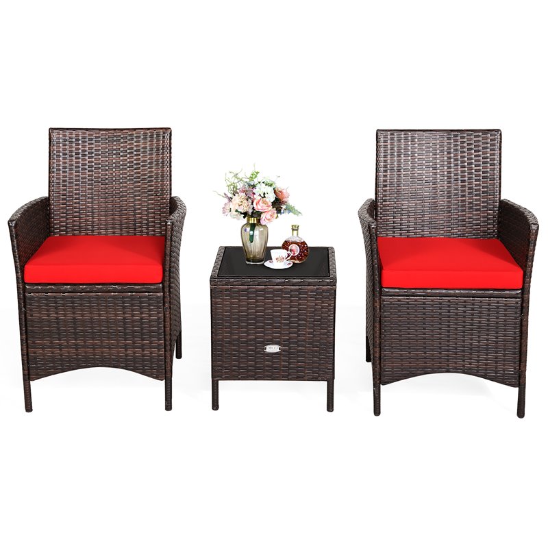 Costway 3-piece Rattan Patio Furniture Set with Glass Tabletop in Red
