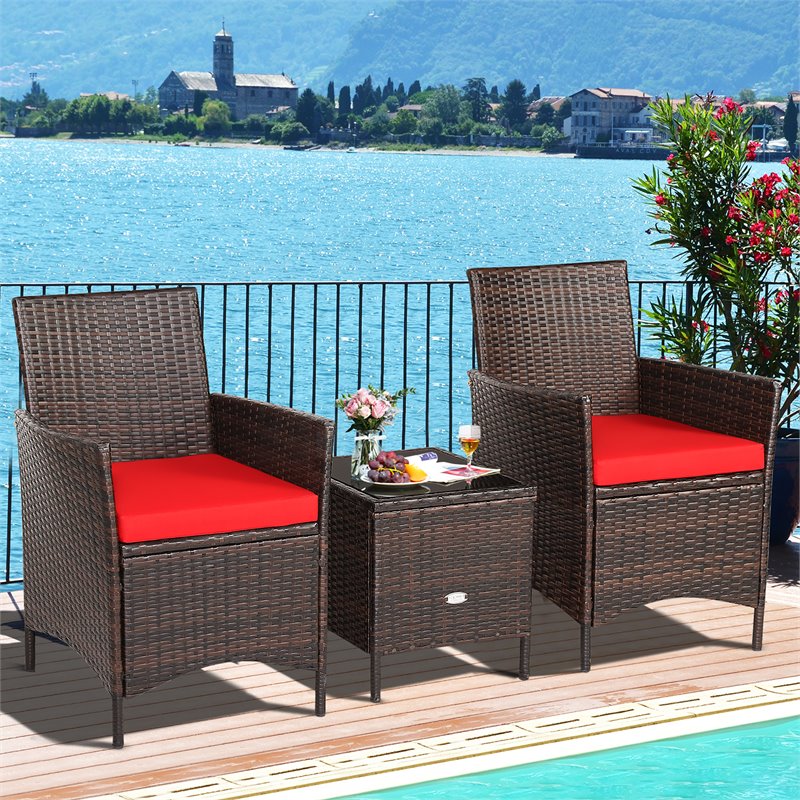Costway 3-piece Rattan Patio Furniture Set with Glass Tabletop in Red