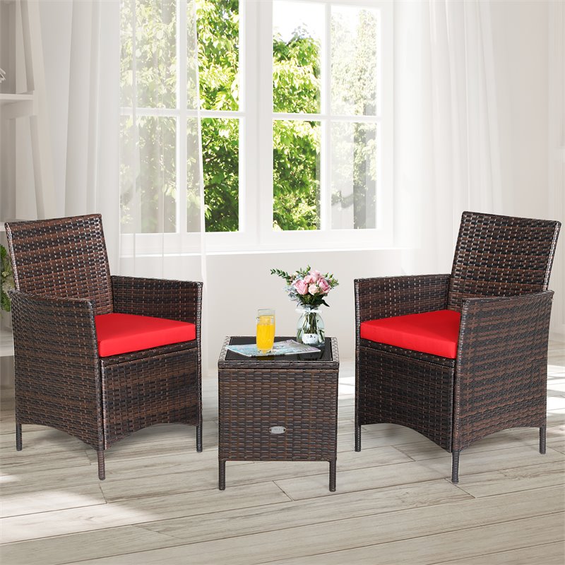 Costway 3-piece Rattan Patio Furniture Set with Glass Tabletop in Red