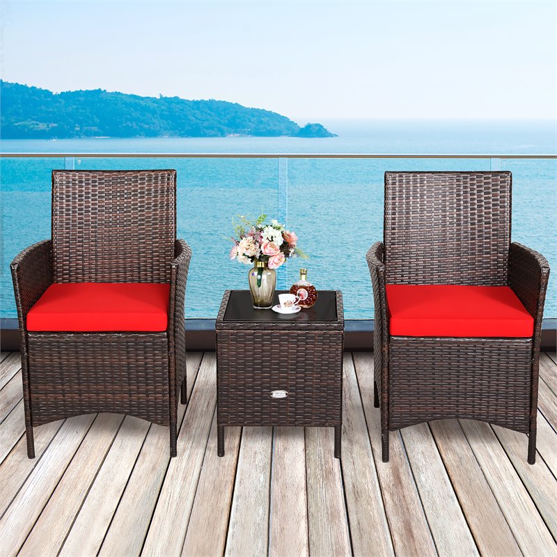 Costway 3-piece Rattan Patio Furniture Set with Glass Tabletop in Red