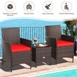 Costway 3-piece Rattan Patio Furniture Set with Glass Tabletop in Red