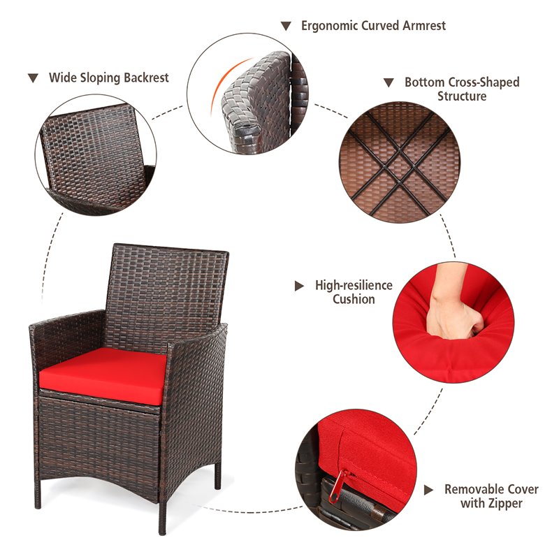 Costway 3-piece Rattan Patio Furniture Set with Glass Tabletop in Red