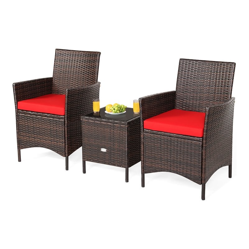 Costway 3-piece Rattan Patio Furniture Set with Glass Tabletop in Red