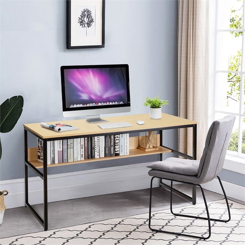 Costway 55'' Engineered Wood Computer Desk with Storage Shelf in Natural