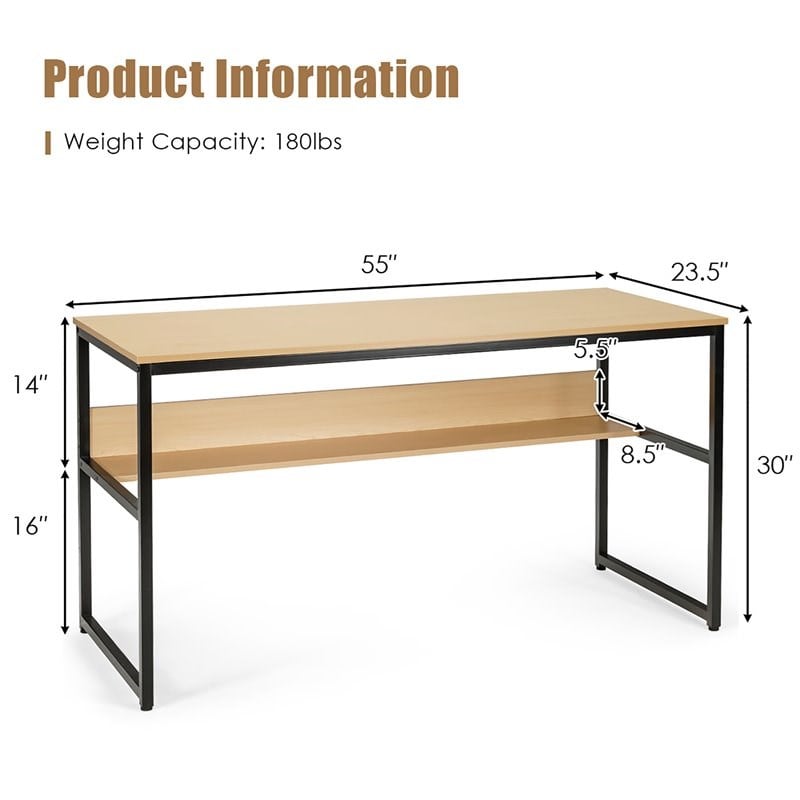 Costway 55'' Engineered Wood Computer Desk with Storage Shelf in Natural