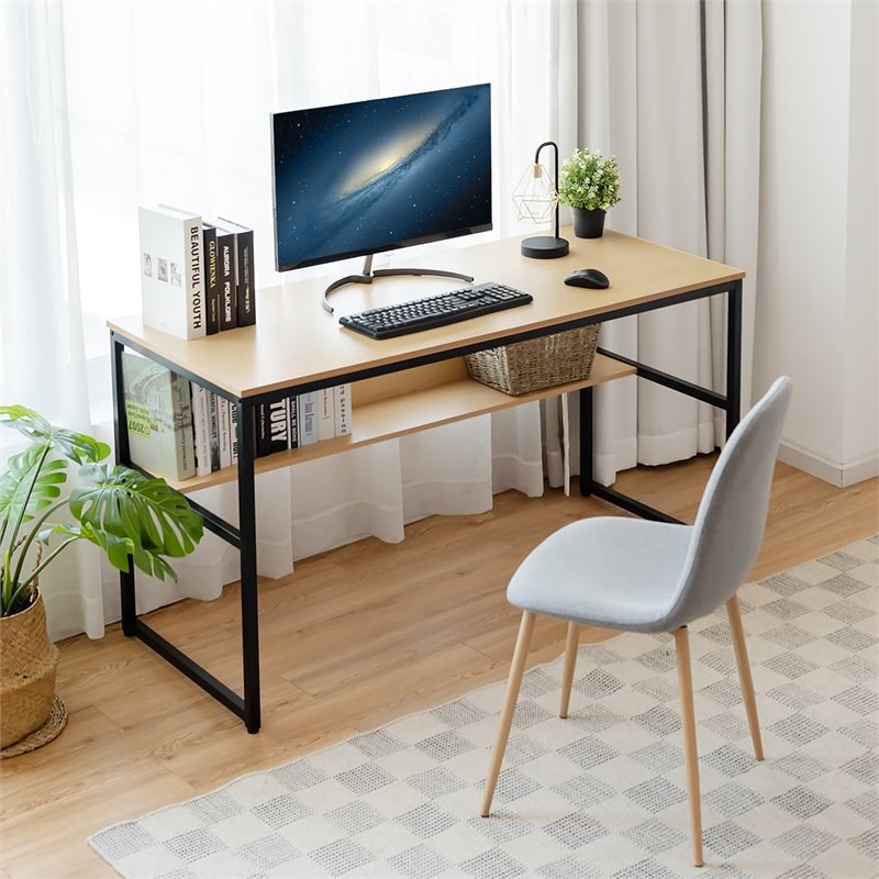Costway 55'' Engineered Wood Computer Desk with Storage Shelf in Natural