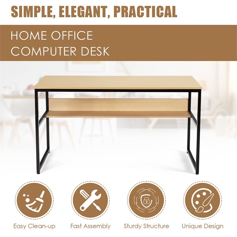 Costway 55'' Engineered Wood Computer Desk with Storage Shelf in Natural