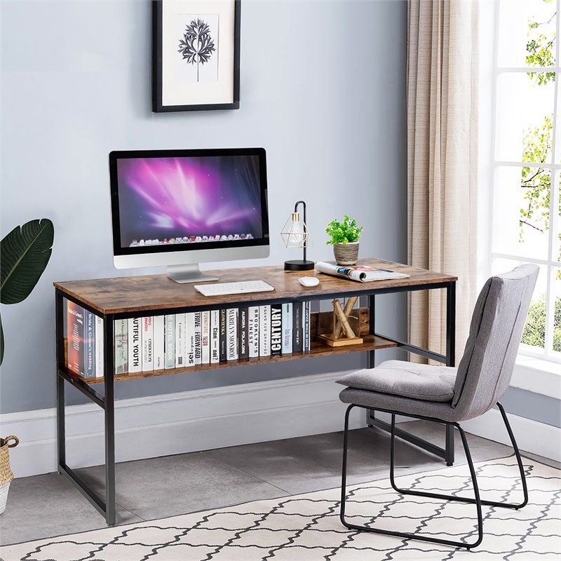 Costway 55'' Engineered Wood Computer Desk with Storage Shelf in Brown