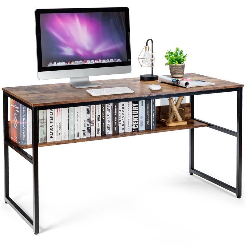 Costway 55'' Engineered Wood Computer Desk with Storage Shelf in Brown