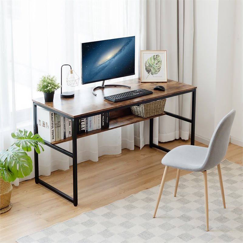 Costway 55'' Engineered Wood Computer Desk with Storage Shelf in Brown
