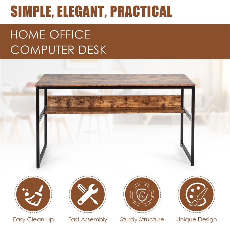Costway 55'' Engineered Wood Computer Desk with Storage Shelf in Brown