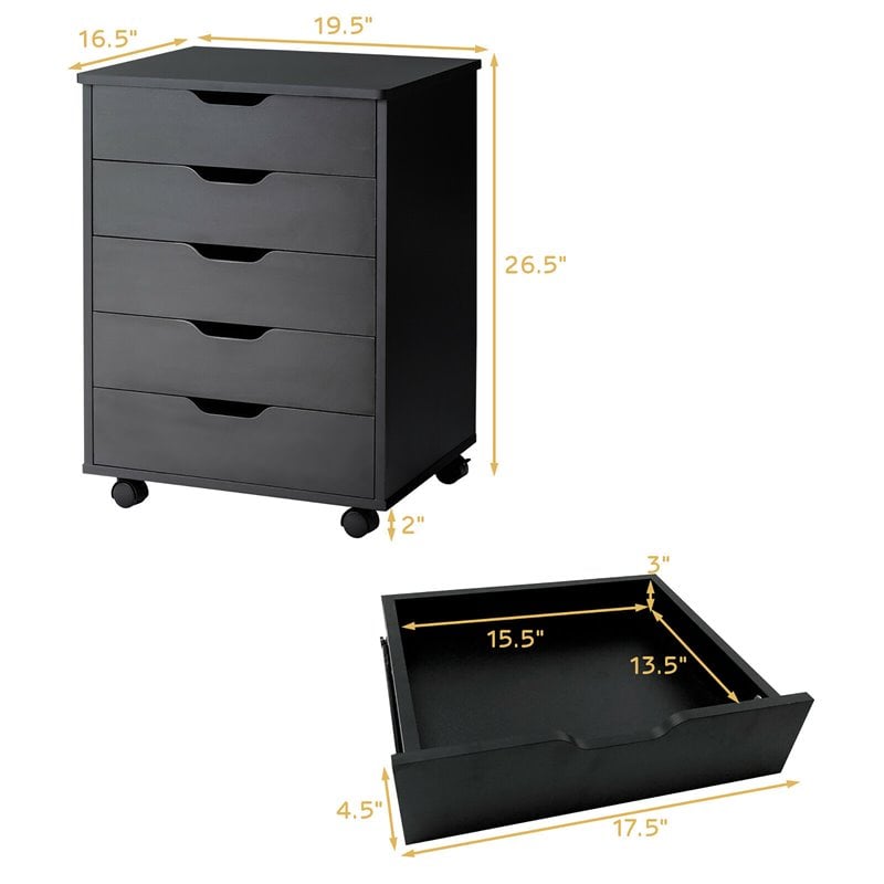 Costway 5-drawer Wheels Chest Storage Dresser Floor Cabinet Organizer in Black