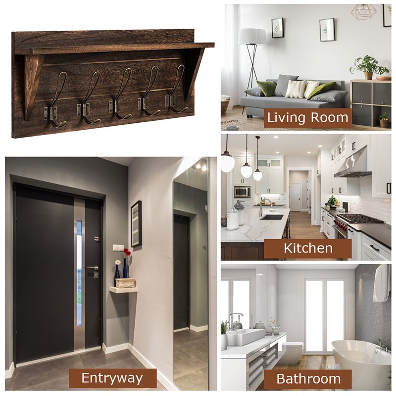 Costway Entryway Hanging Shelf Rustic Wooden Wall-Mounted Coat Rack in Brown