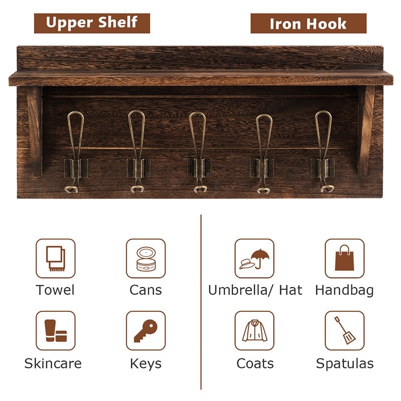 Costway Entryway Hanging Shelf Rustic Wooden Wall-Mounted Coat Rack in Brown