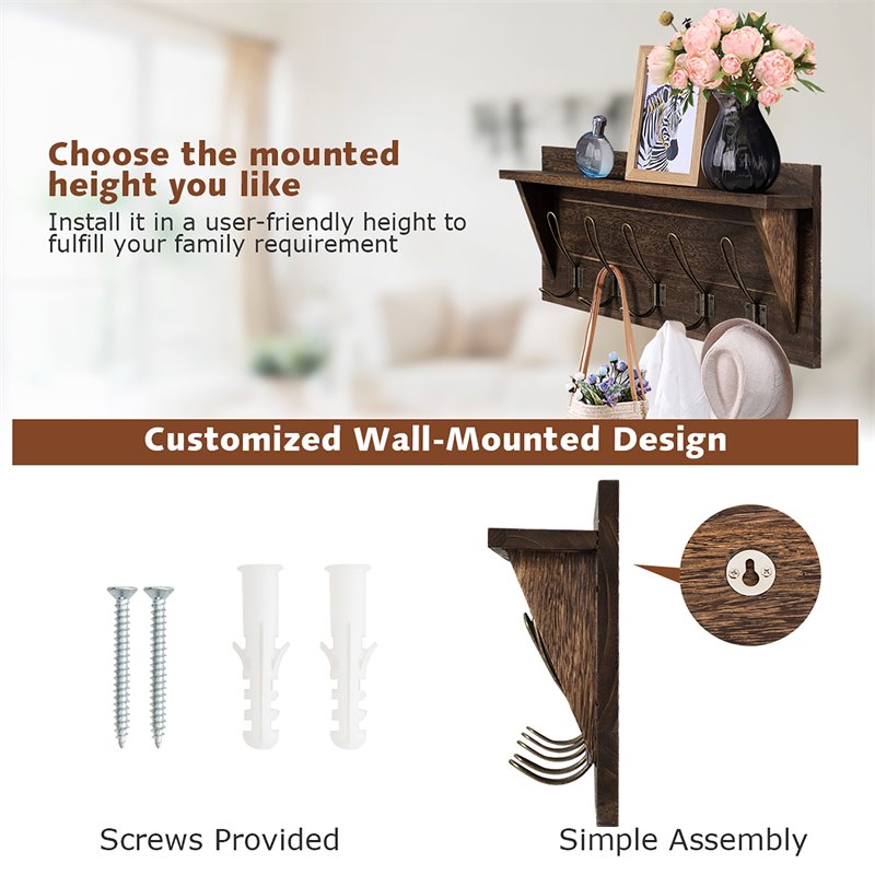 Costway Entryway Hanging Shelf Rustic Wooden Wall-Mounted Coat Rack in Brown