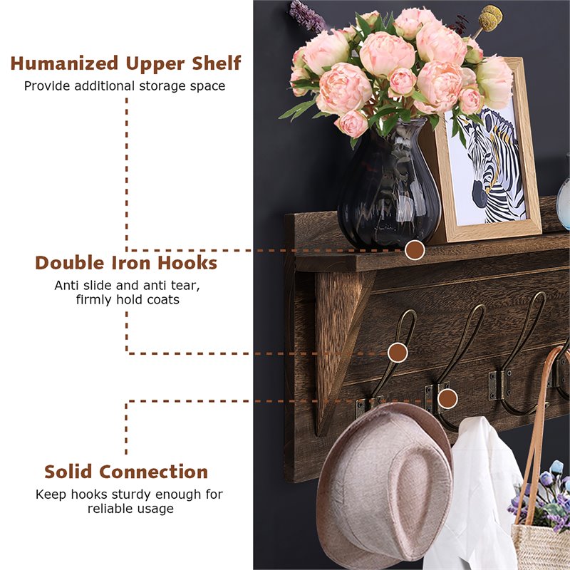 Costway Entryway Hanging Shelf Rustic Wooden Wall-Mounted Coat Rack in Brown