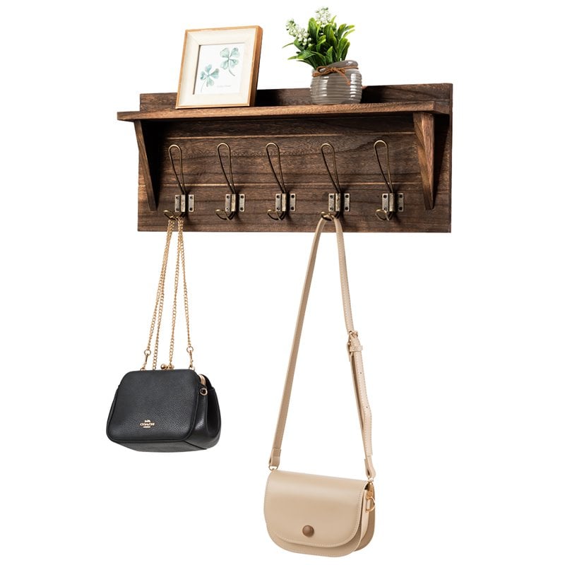 Costway Entryway Hanging Shelf Rustic Wooden Wall-Mounted Coat Rack in Brown