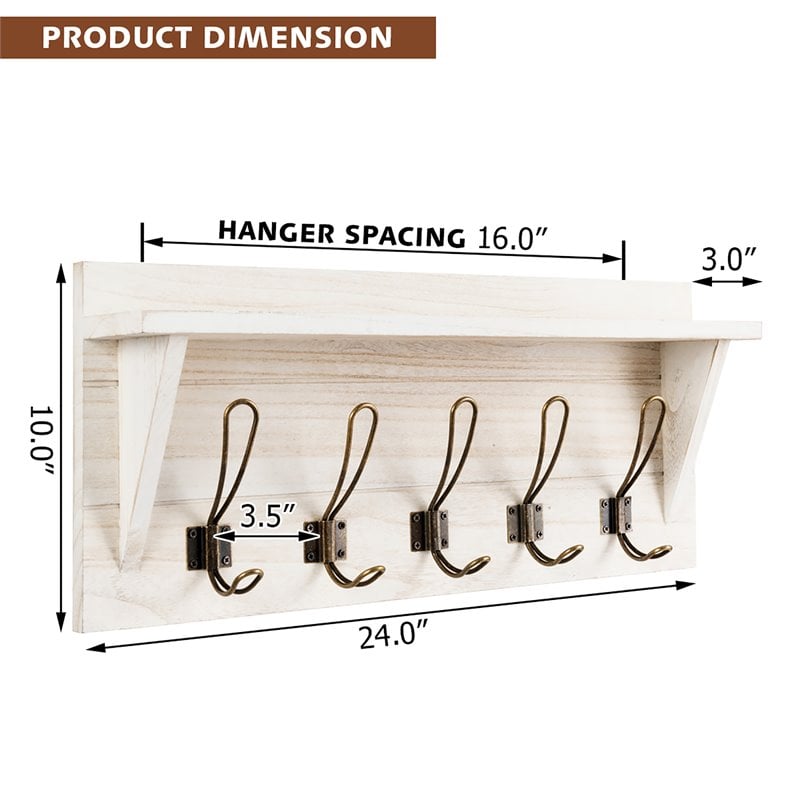 Costway Entryway Hanging Shelf Rustic Wooden Wall-Mounted Coat Rack in White