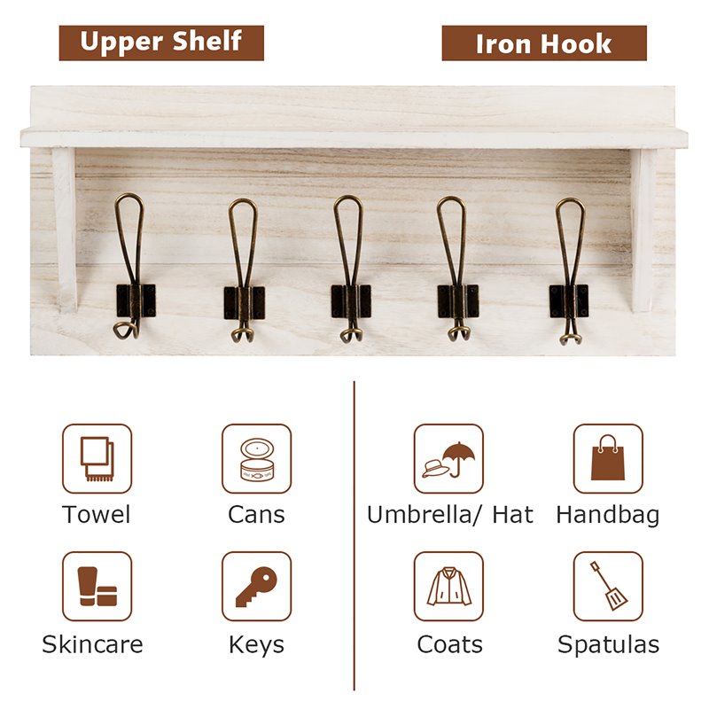Costway Entryway Hanging Shelf Rustic Wooden Wall-Mounted Coat Rack in White