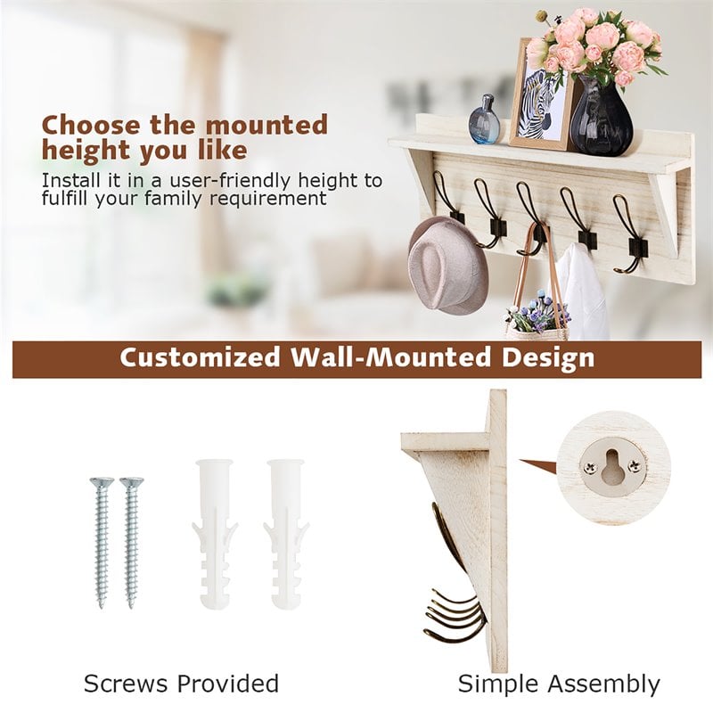 Costway Entryway Hanging Shelf Rustic Wooden Wall-Mounted Coat Rack in White