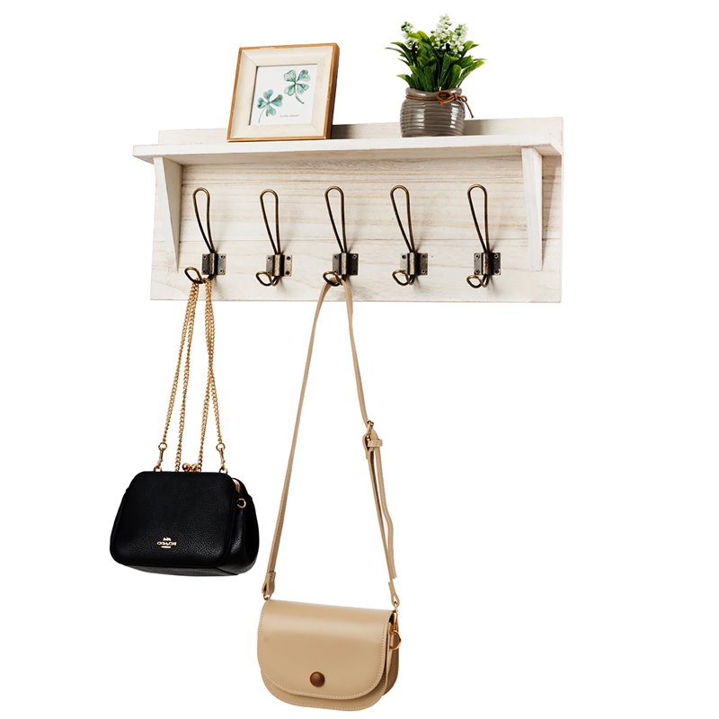 Costway Entryway Hanging Shelf Rustic Wooden Wall-Mounted Coat Rack in White