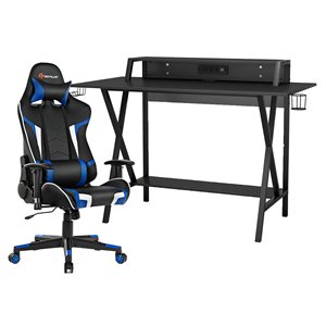 Costway Metal Gaming Computer Desk & Chair Set with Monitor Shelf in Blue
