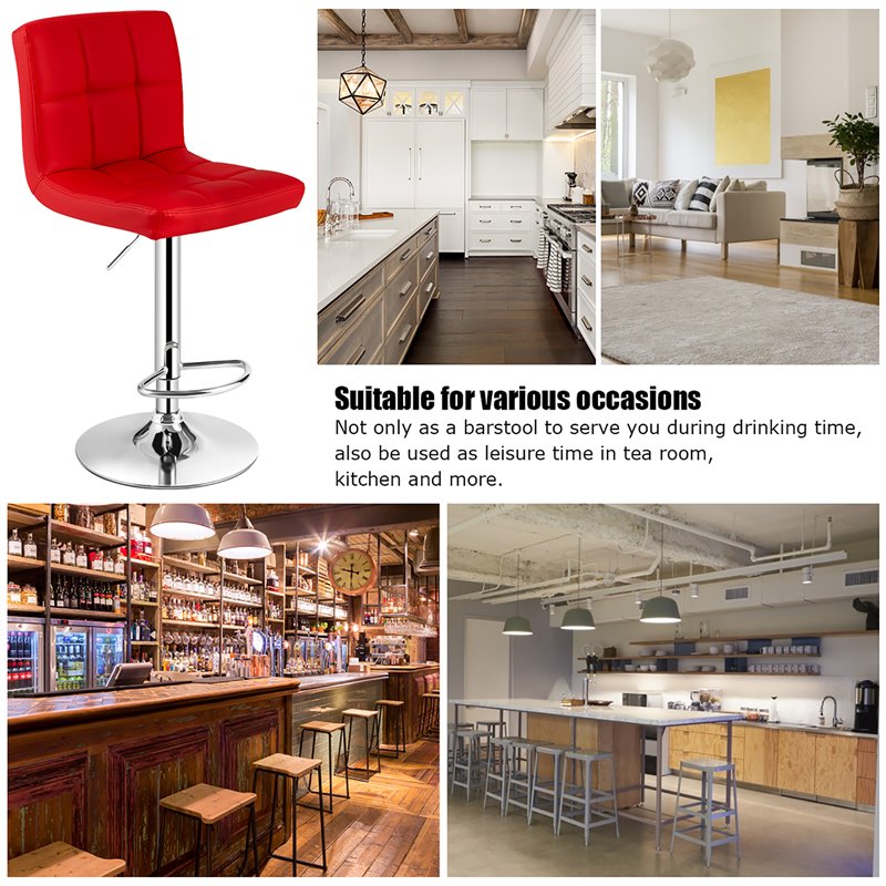Costway PU Leather and Metal Adjustable Swivel Bar Stools in Red (Set of 2)