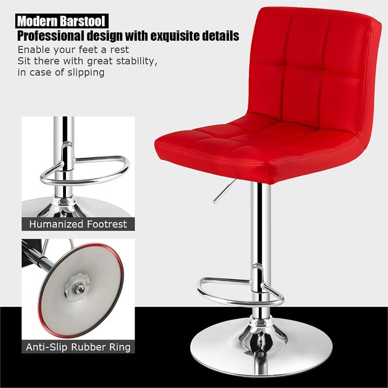 Costway PU Leather and Metal Adjustable Swivel Bar Stools in Red (Set of 2)