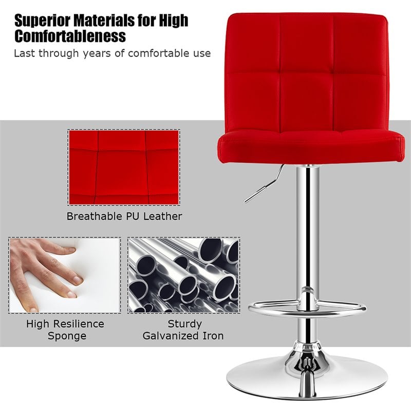 Costway PU Leather and Metal Adjustable Swivel Bar Stools in Red (Set of 2)