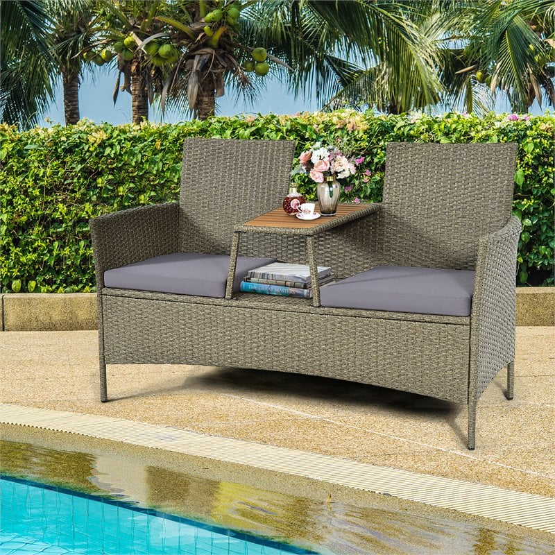Costway Rattan Patio Conversation Set with Loveseat & Coffee Table in Gray