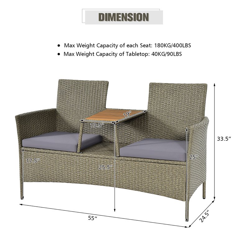 Costway Rattan Patio Conversation Set with Loveseat & Coffee Table in Gray