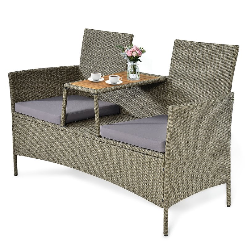 Costway Rattan Patio Conversation Set with Loveseat & Coffee Table in Gray